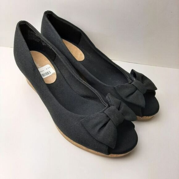 AMERICAN EAGLE AE New Peep Toe Bow Espadrille Cork Wedge Shoe Heels Black Sz 4.5 - Picture 3 of 13